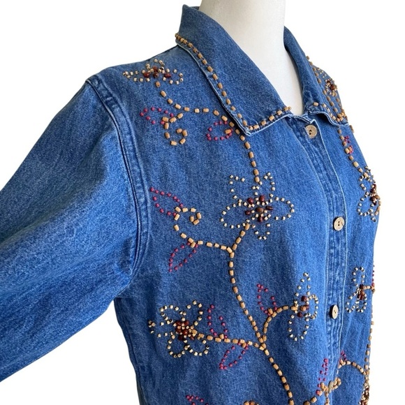 KEREN Hart Vintage 90s Floral Beaded Embellished Denim Shirt Shacket Boxy Fit S - Picture 3 of 16
